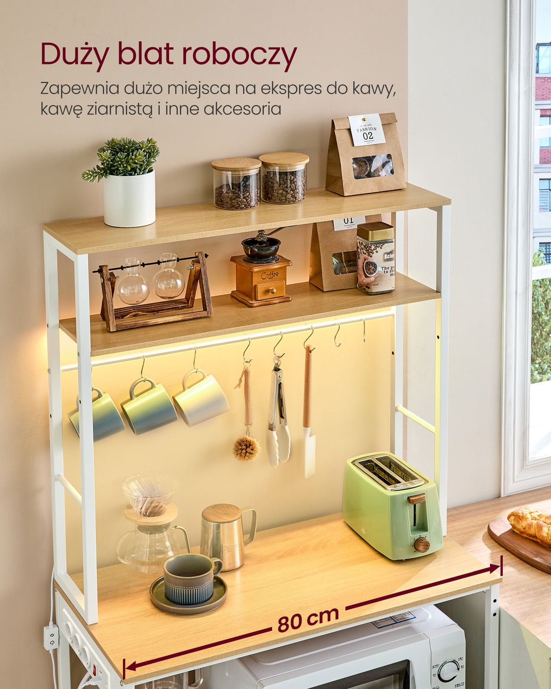 Półka kuchenna z LED 40x80x168 cm dąb z bielą
