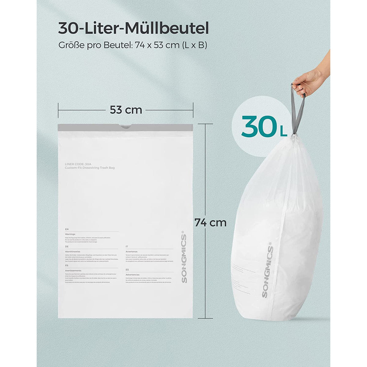 Worki na śmieci 30 l z sznurkiem, 180 sztuk, biały