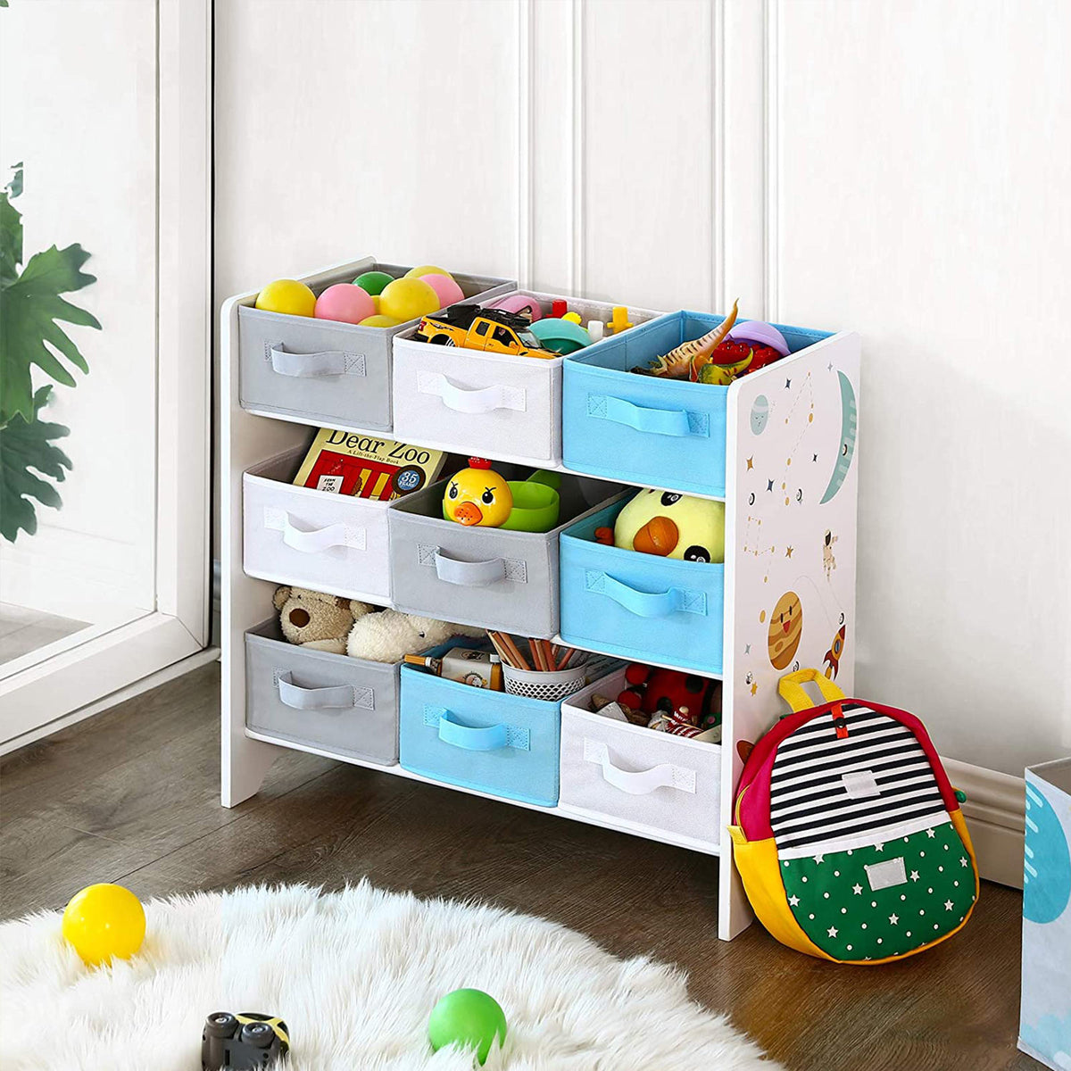 Organizer z półkami i 9 pudłami na zabawki