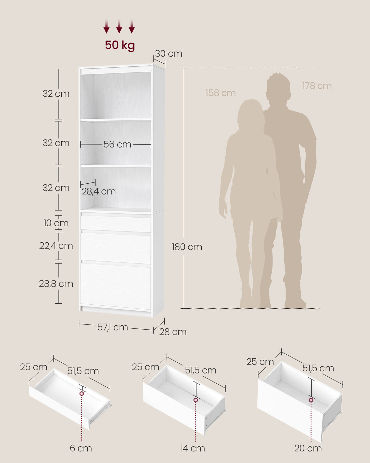 Wysoki regał z 3 szufladami biały 180 cm