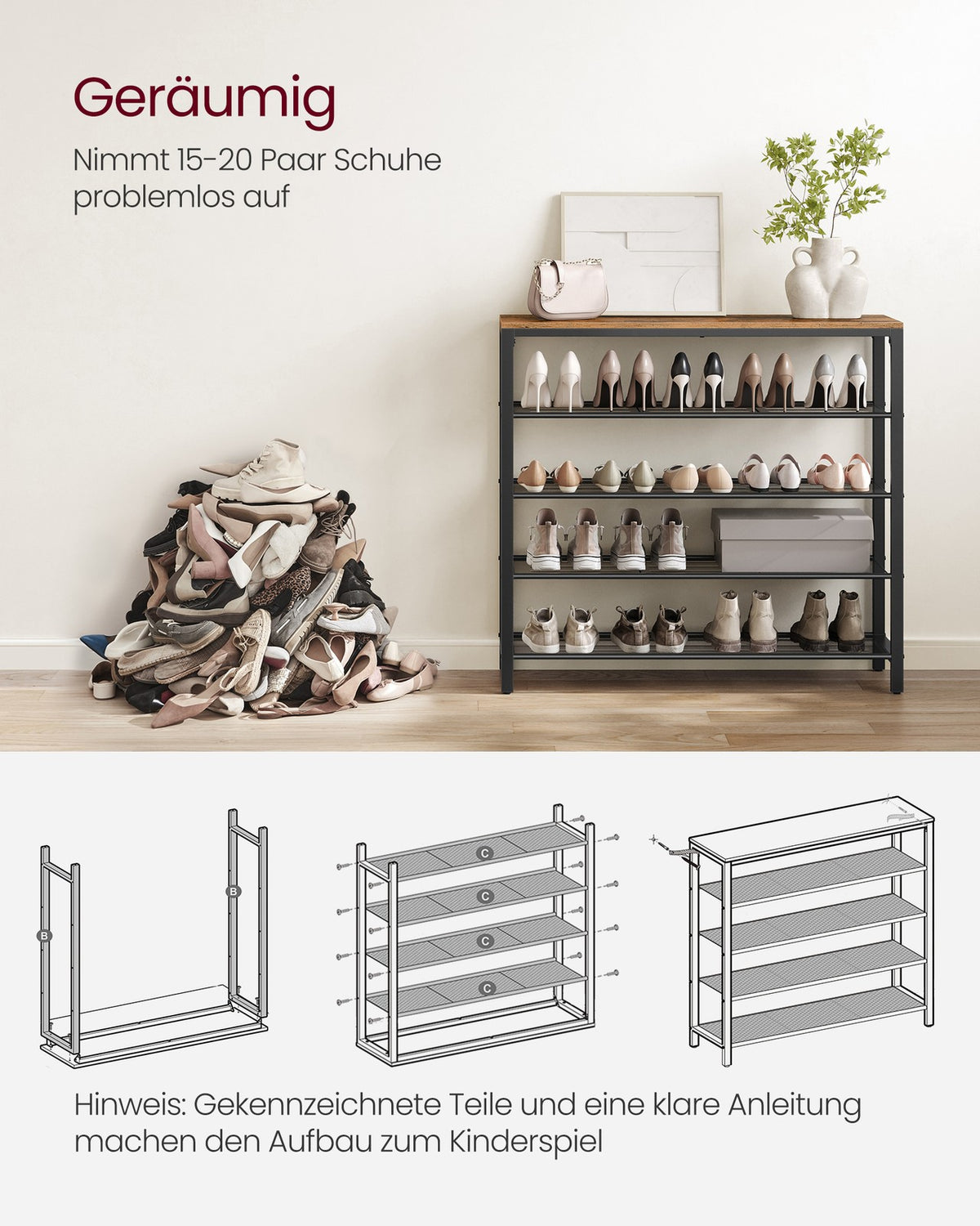 Metalowa półka na buty z 4 poziomami siatki, ciemnobrązowa