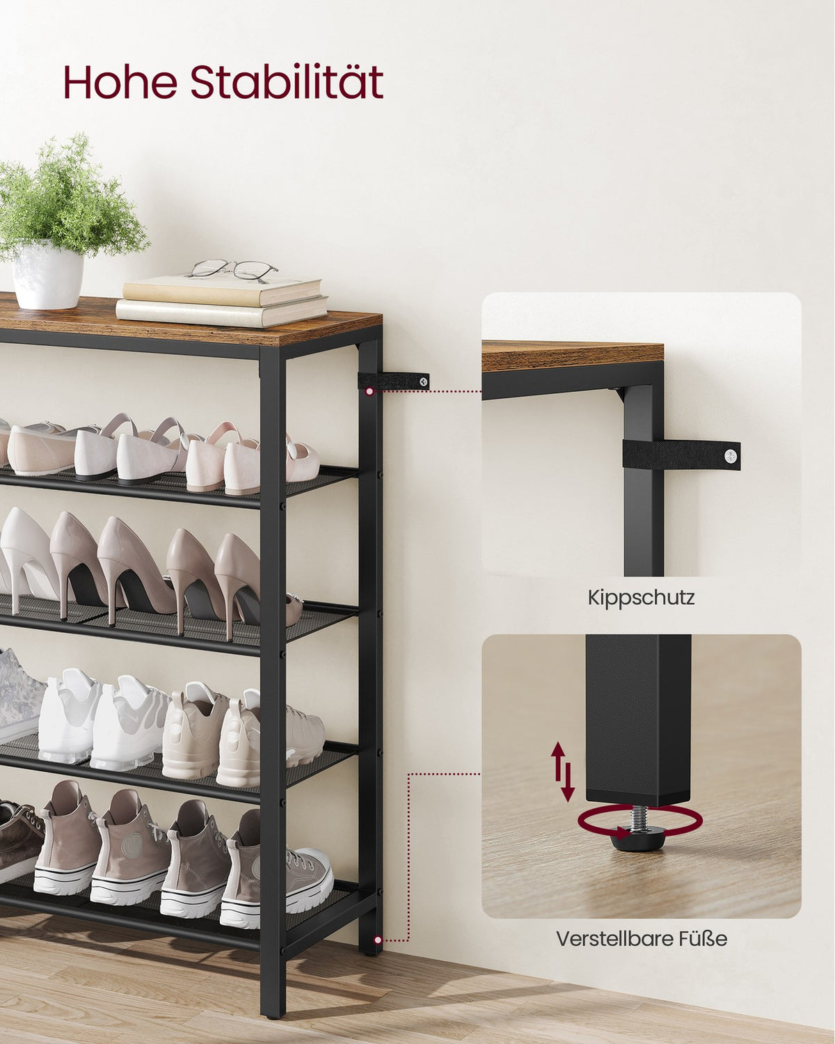 Metalowa półka na buty z 4 poziomami siatki, ciemnobrązowa