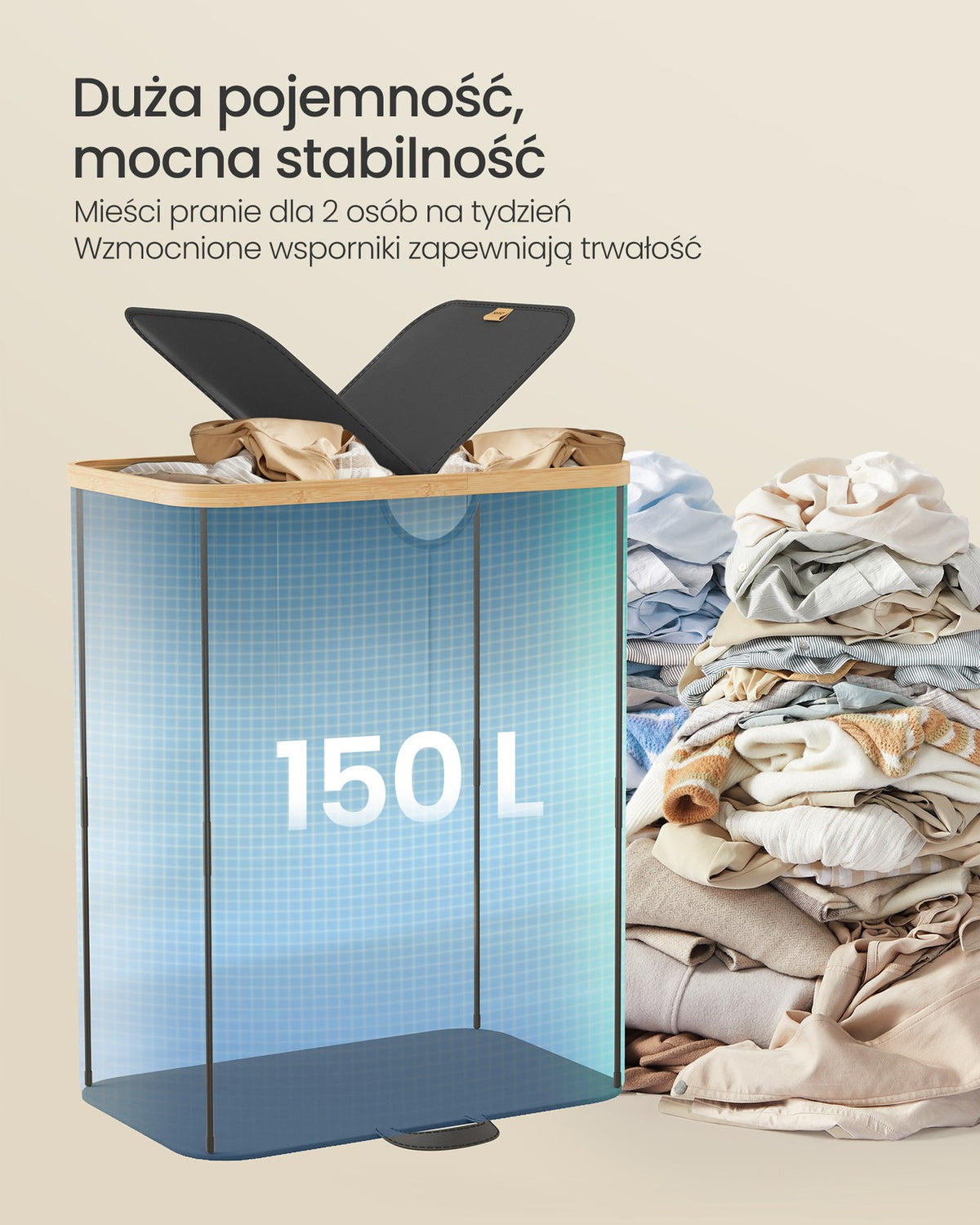 Kosz na pranie 2-komorowy 150 l czarno-beżowy