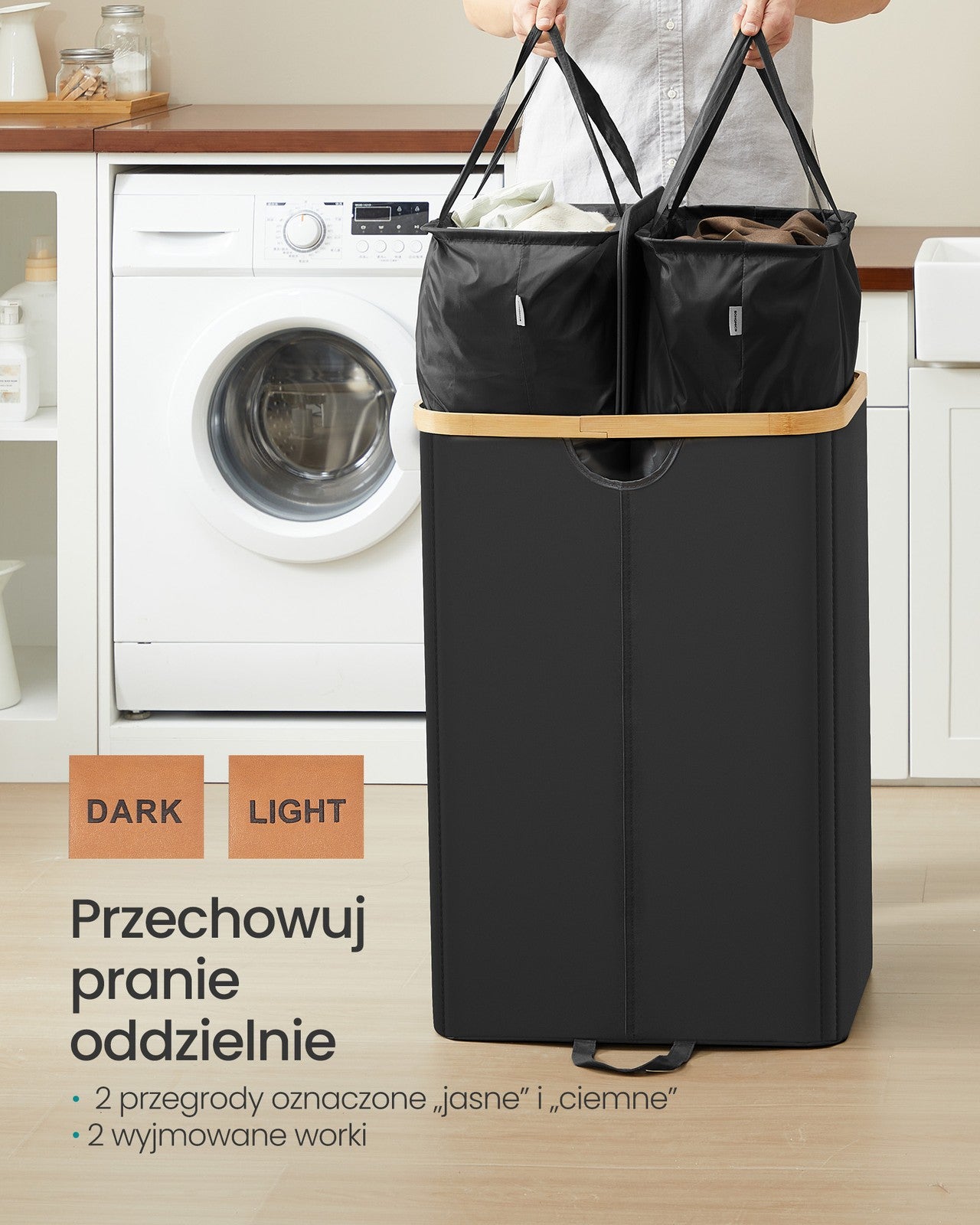 Kosz na pranie 2-komorowy 150 l czarno-beżowy