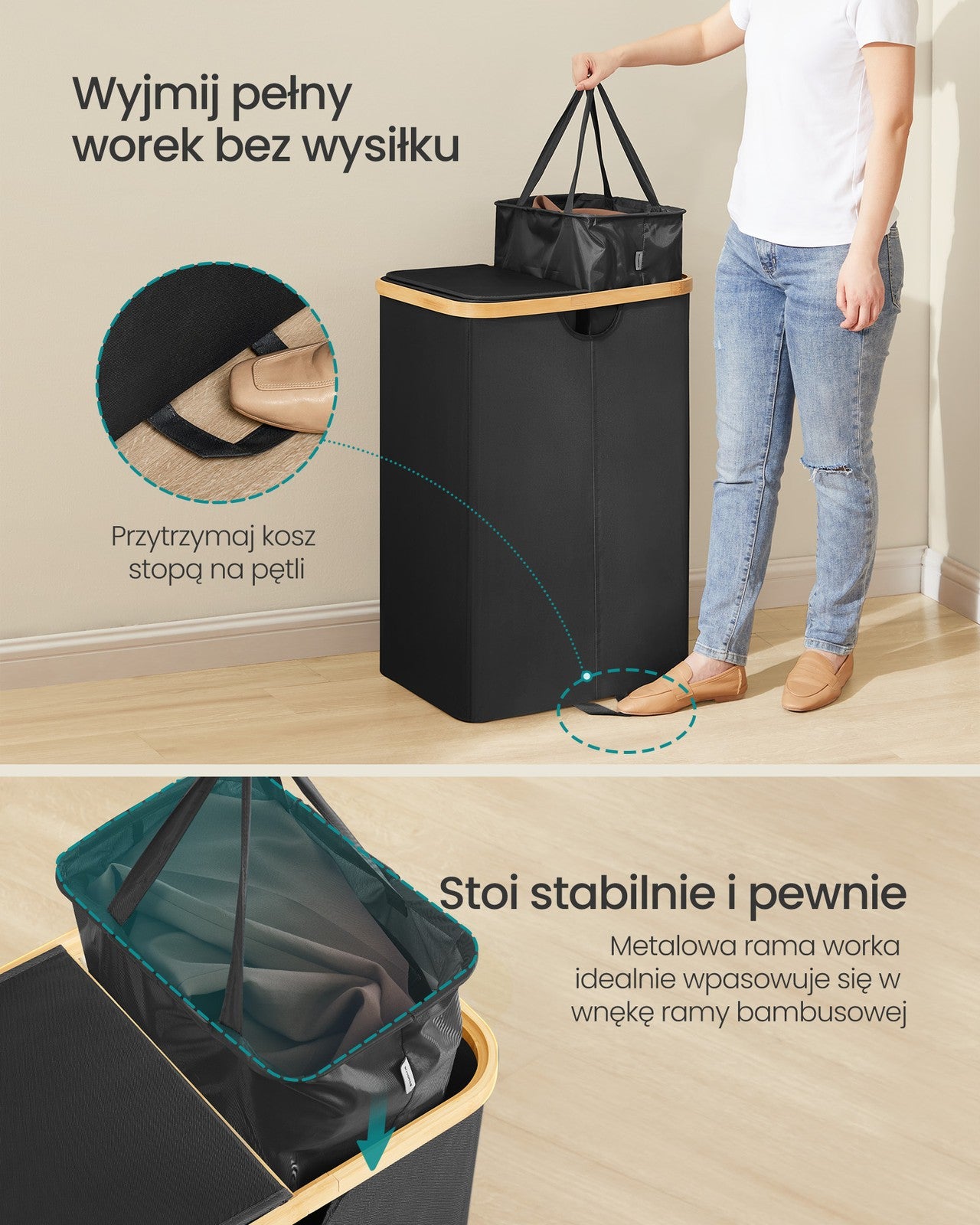Kosz na pranie 2-komorowy 150 l czarno-beżowy