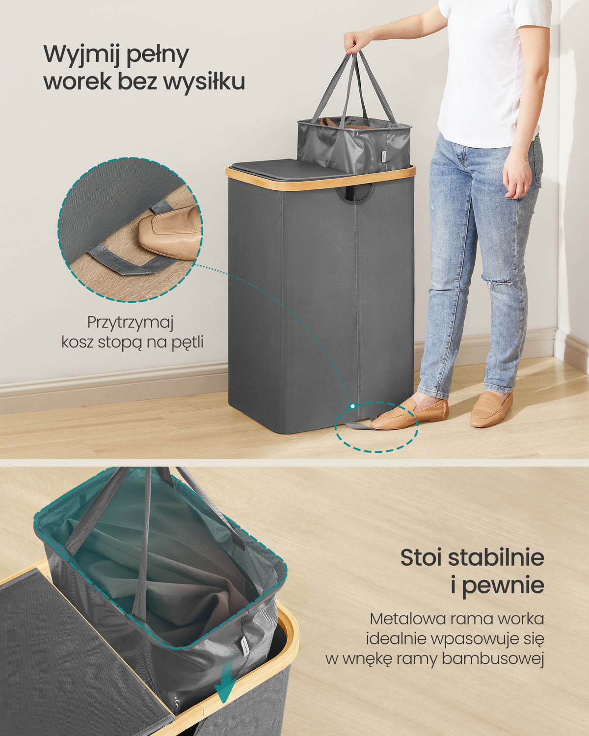 Kosz na bieliznę 2-komorowy 150 l szaro-beżowy