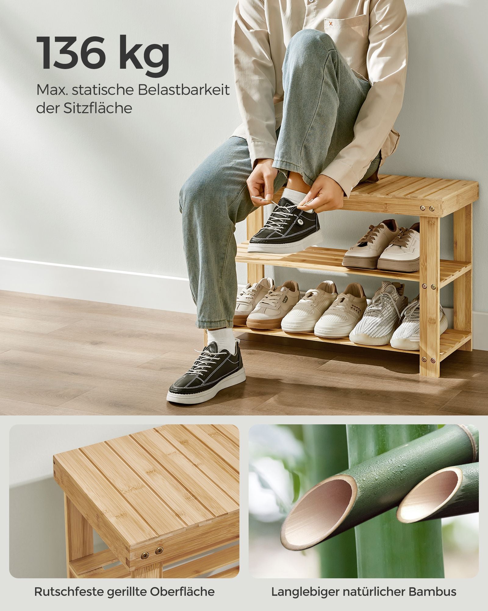 Ławka na buty, light bamboo, 70 cm