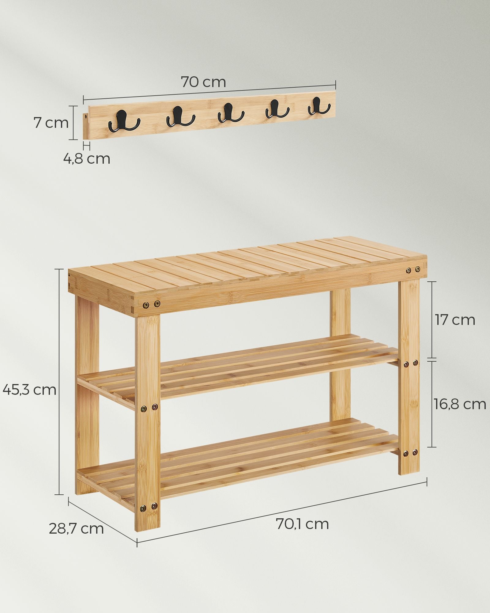 Ławka na buty, light bamboo, 70 cm