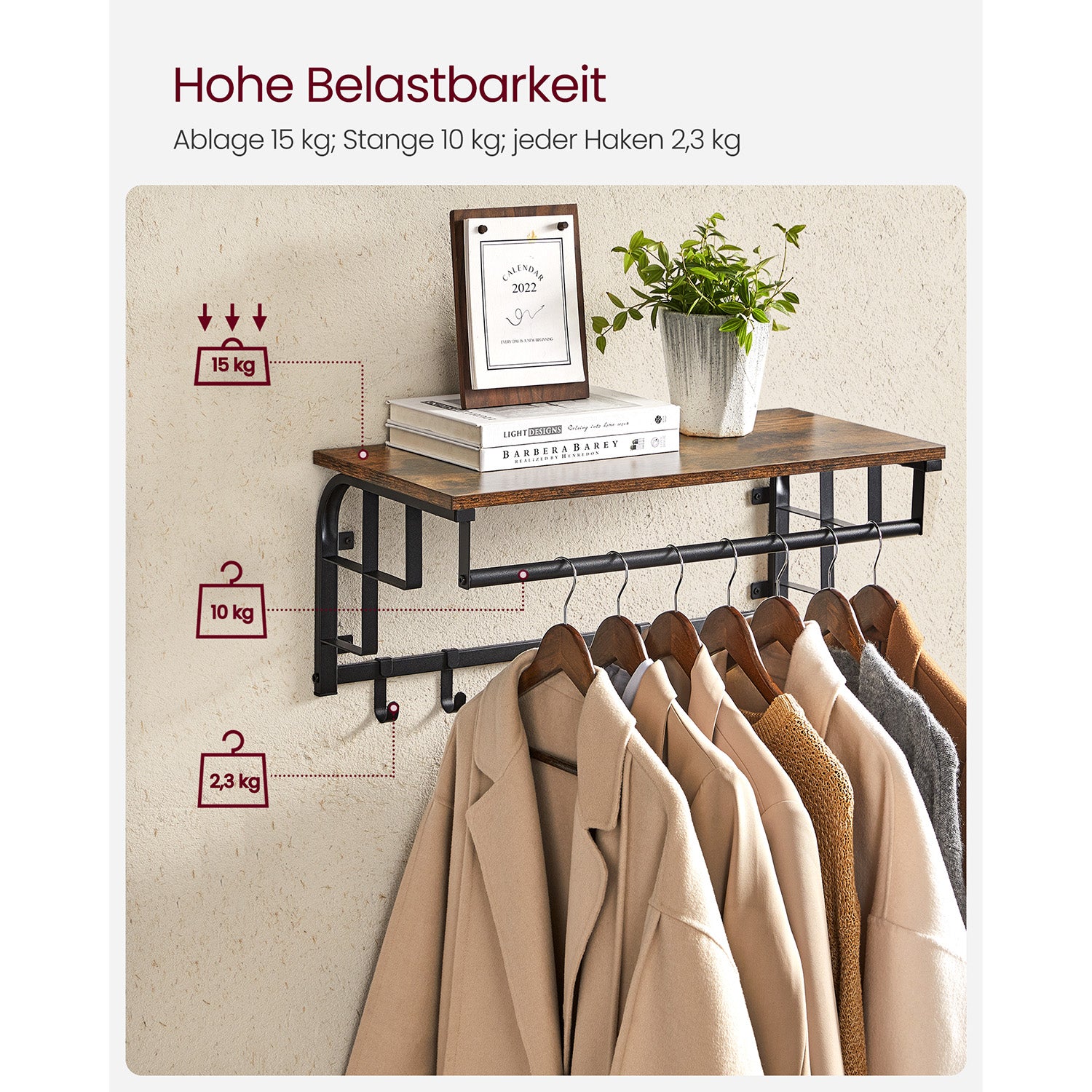 Wieszak ścienny z półką i haczykami w stylu industrialnym