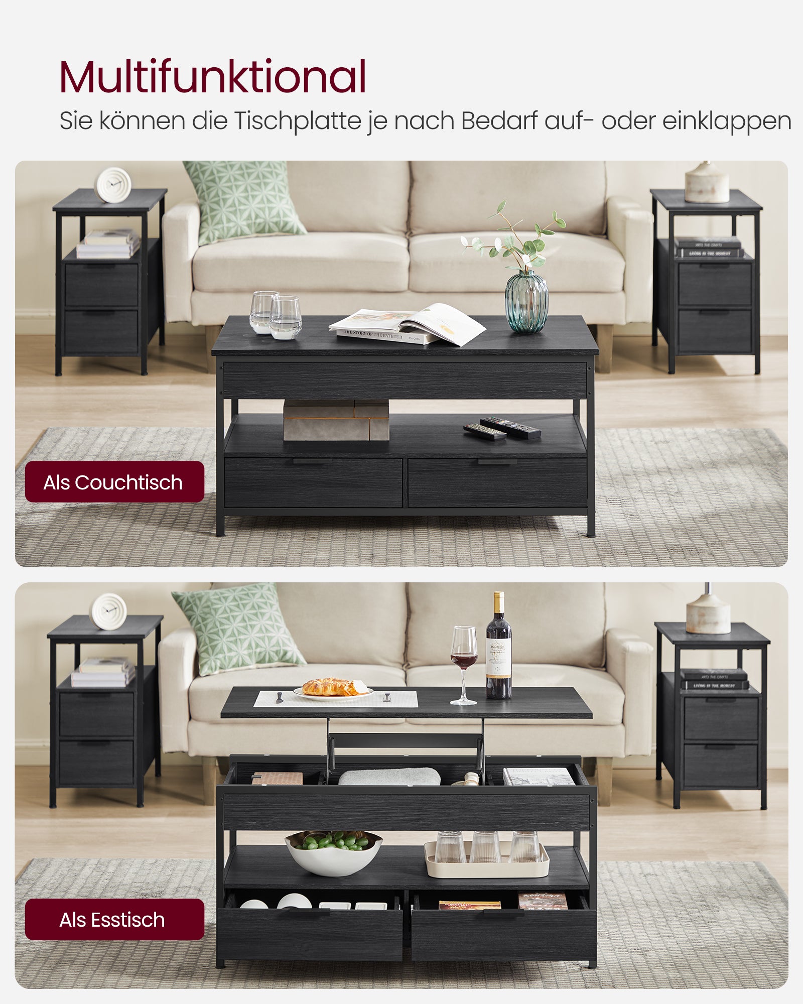 Stolik kawowy regulowany antracytowo-czarny 50x100 cm