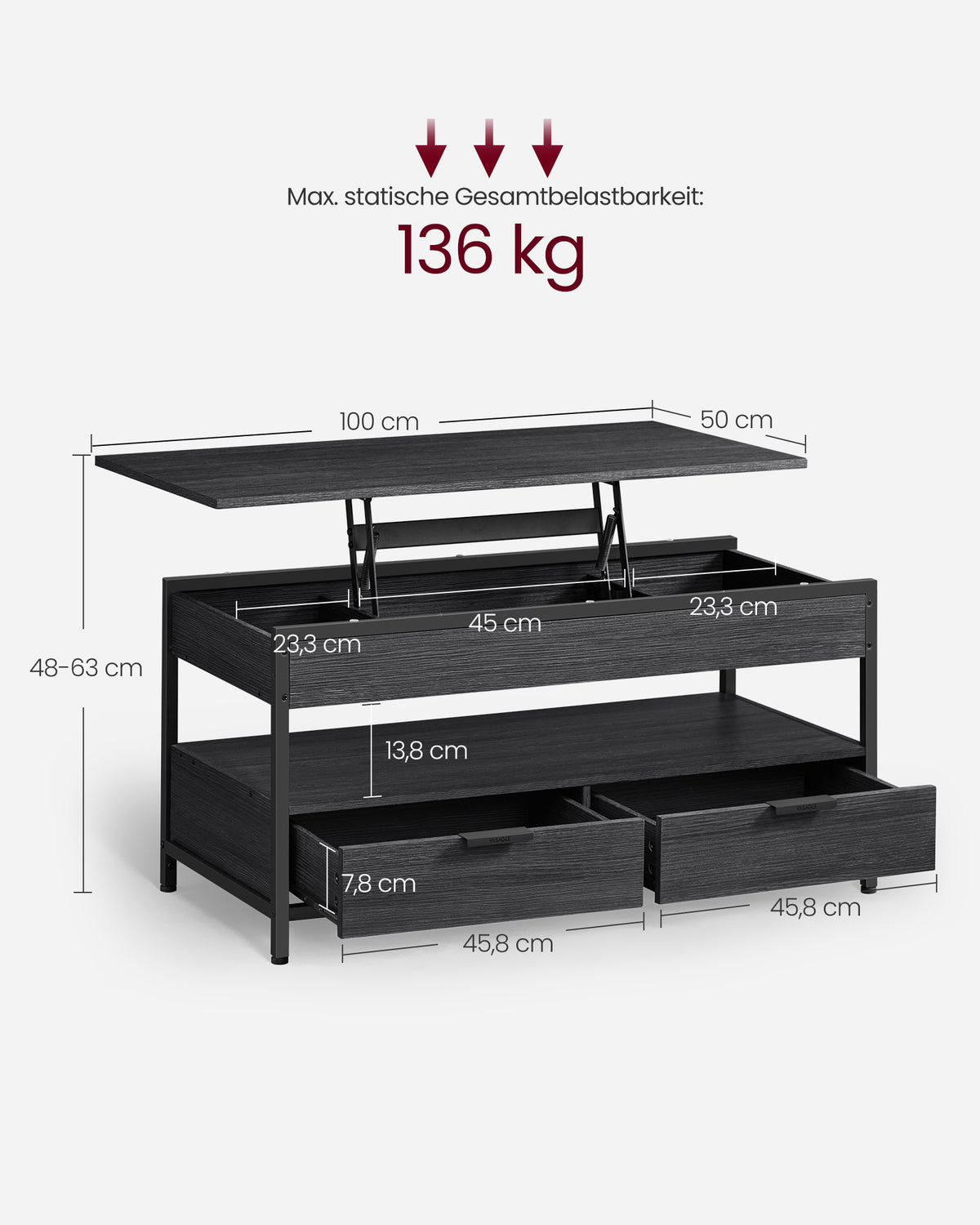 Stolik kawowy regulowany antracytowo-czarny 50x100 cm