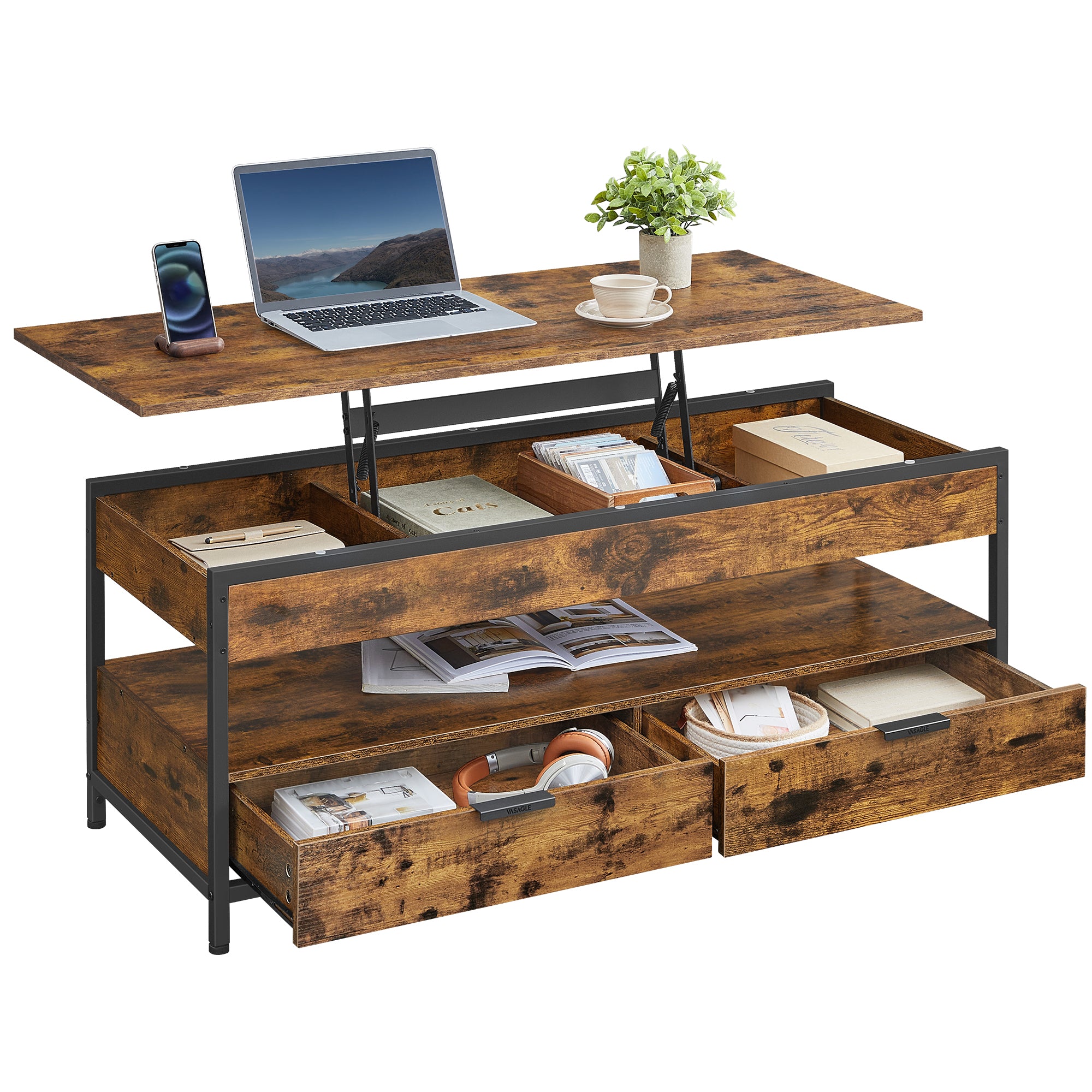 Regulowany stolik kawowy z szufladami 50x120 cm brąz-czarny