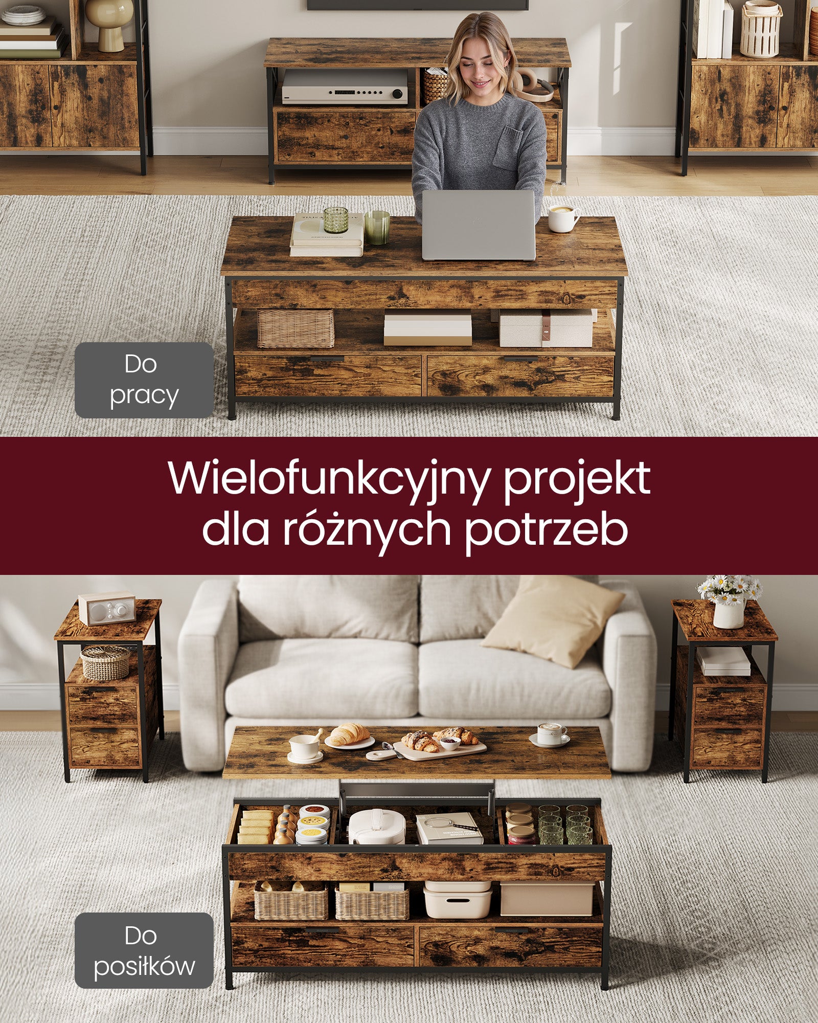Regulowany stolik kawowy z szufladami 50x120 cm brąz-czarny