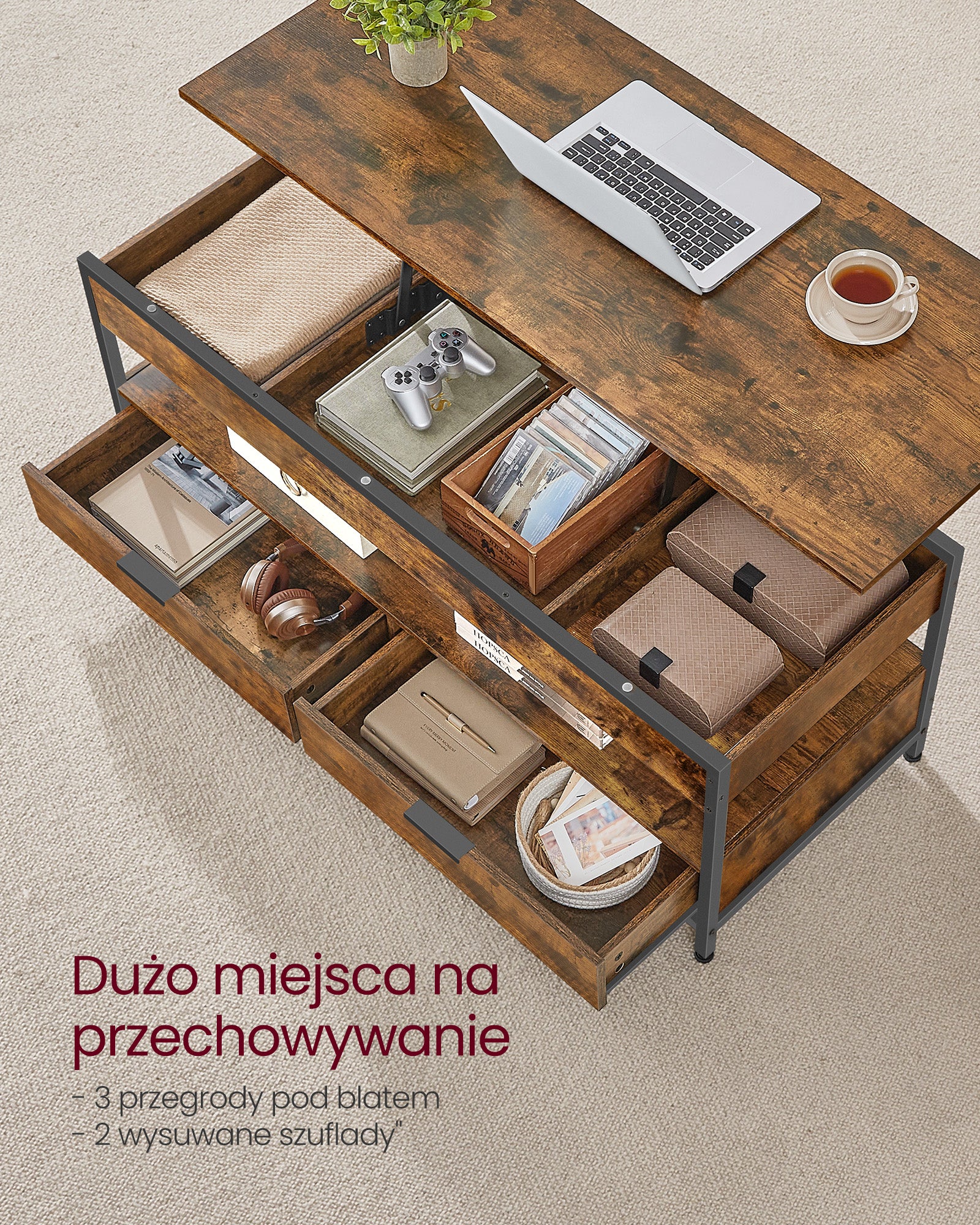 Regulowany stolik kawowy z szufladami 50x120 cm brąz-czarny