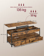 Regulowany stolik kawowy z szufladami 50x120 cm brąz-czarny