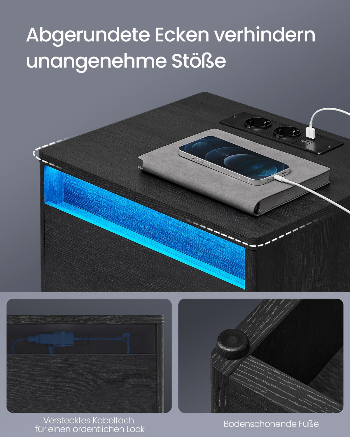 Czarny stolik nocny z oświetleniem LED i USB