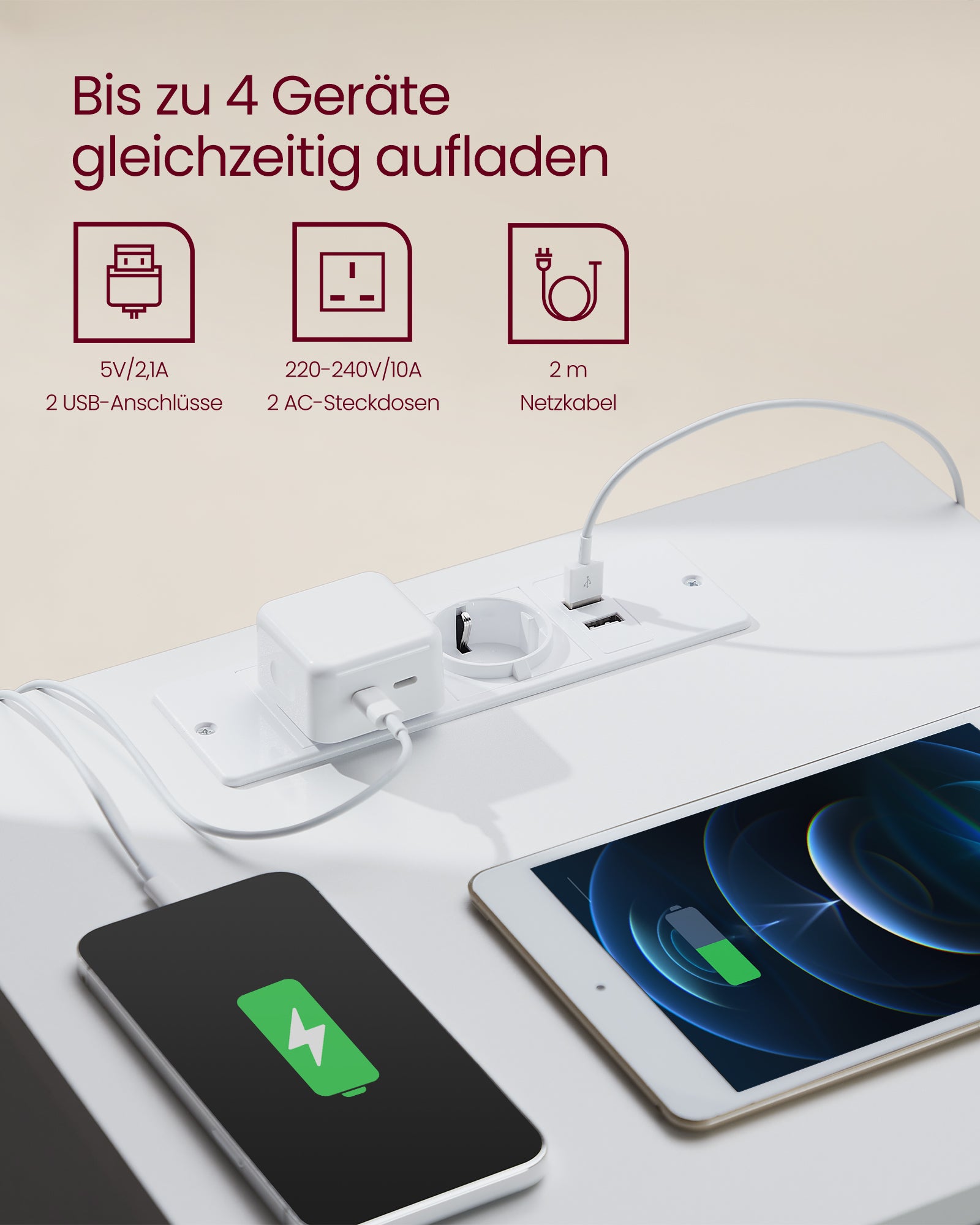 Stolik boczny z 3 szufladami i gniazdkami USB biały