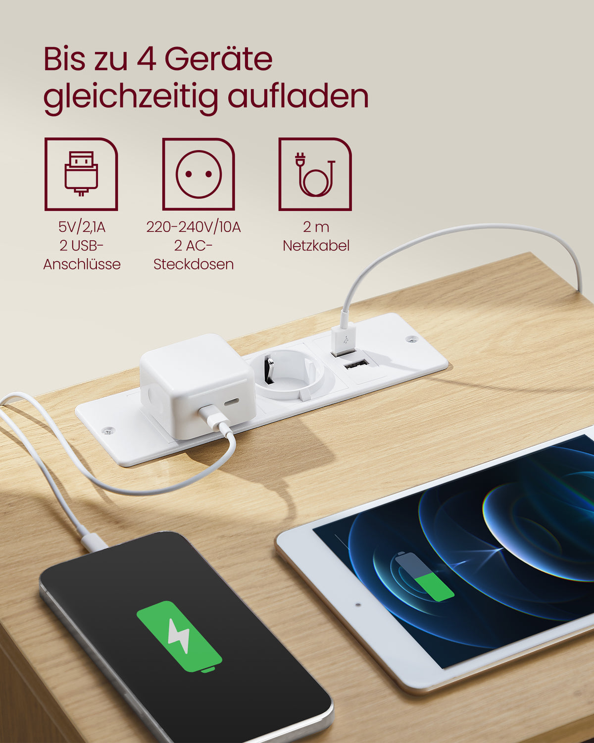 Stolik nocny z 3 szufladami i portami USB