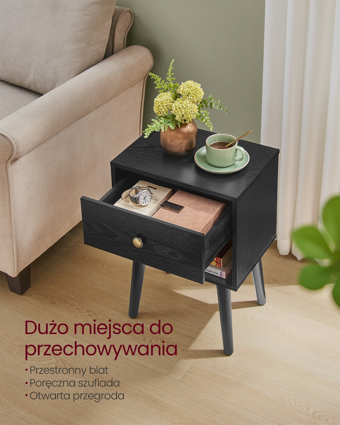Stolik nocny z szufladą i półką czarny heban