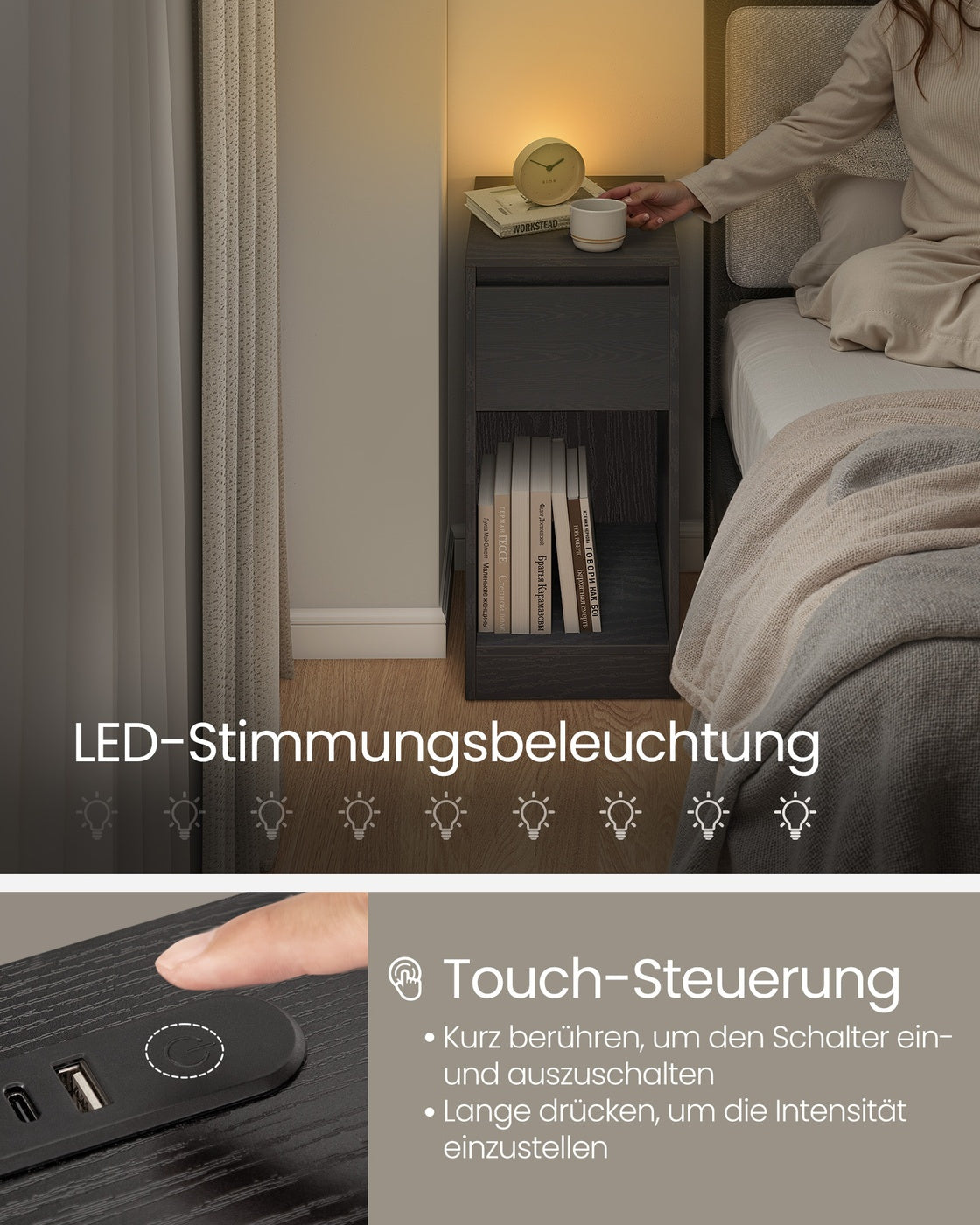 Zestaw 2 czarnych stolików nocnych z LED