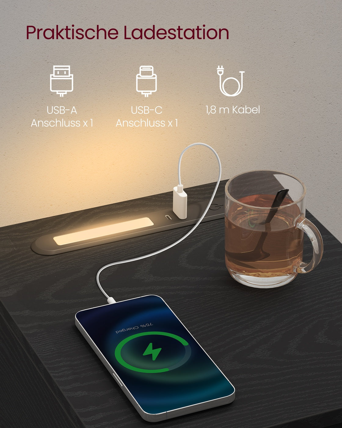 Zestaw 2 czarnych stolików nocnych z LED