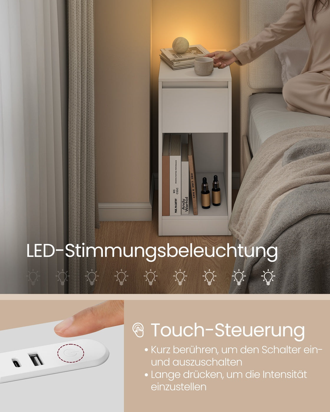 Zestaw 2 białych stolików nocnych z LED i USB