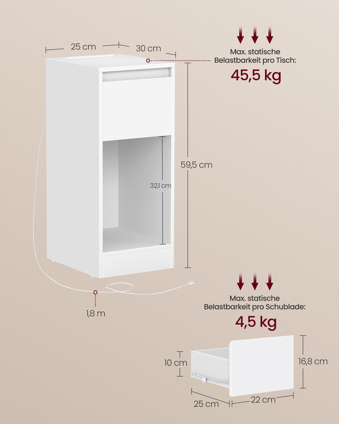 Zestaw 2 białych stolików nocnych z LED i USB