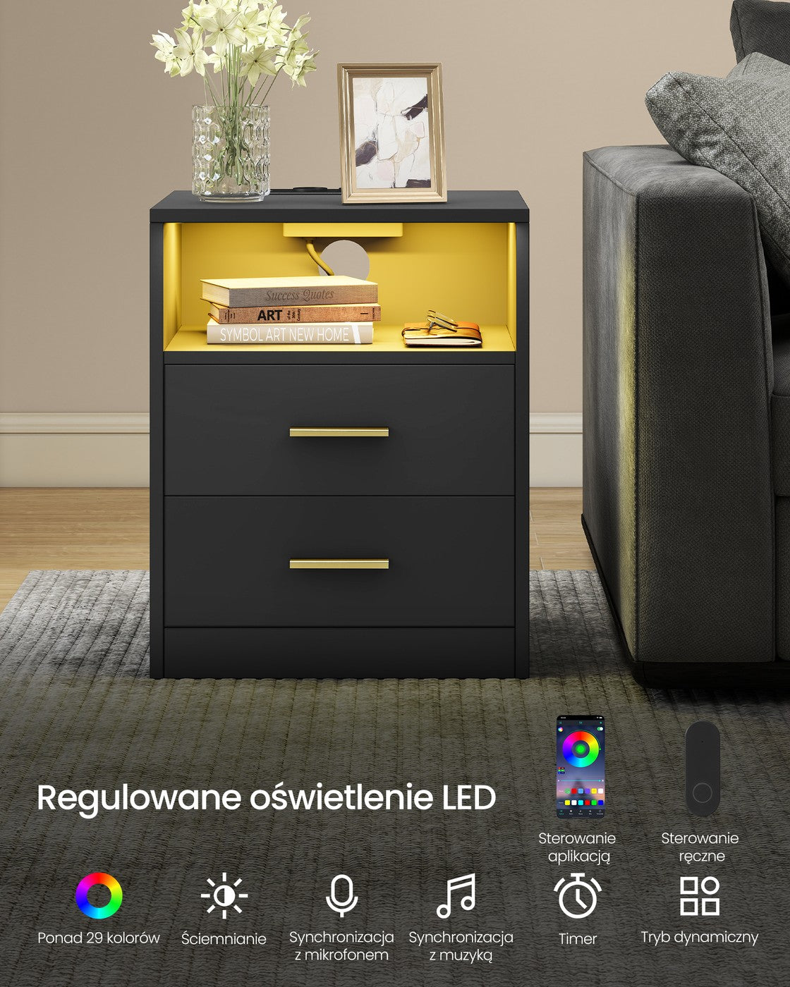 Zestaw 2 stolików nocnych z ładowaniem czarnych