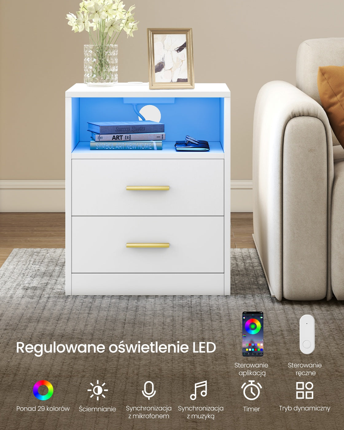 Zestaw 2 białych stolików nocnych z ładowaniem