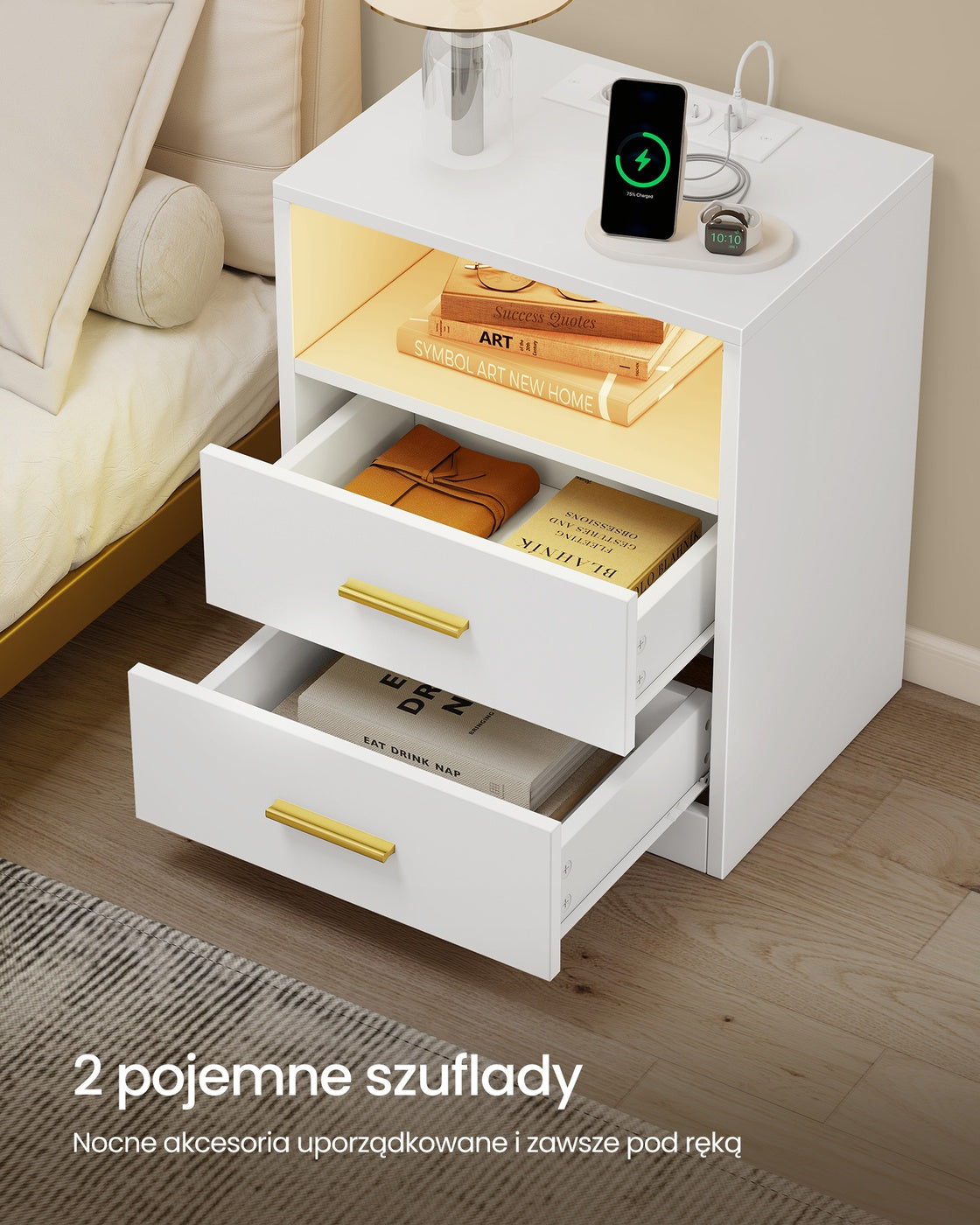 Zestaw 2 białych stolików nocnych z ładowaniem