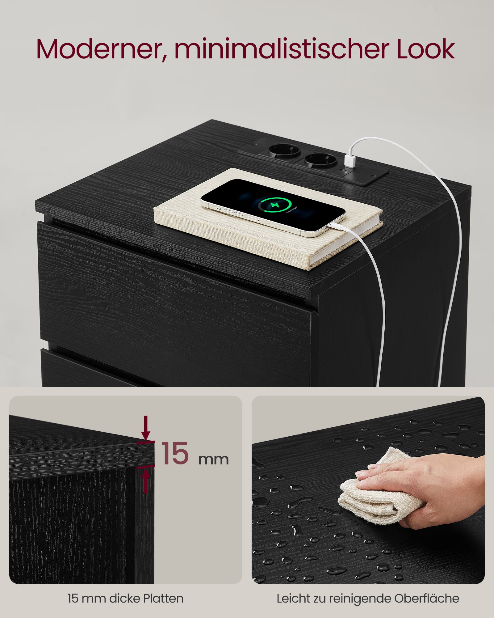 Zestaw 2 stolików nocnych z portami USB czarny heban