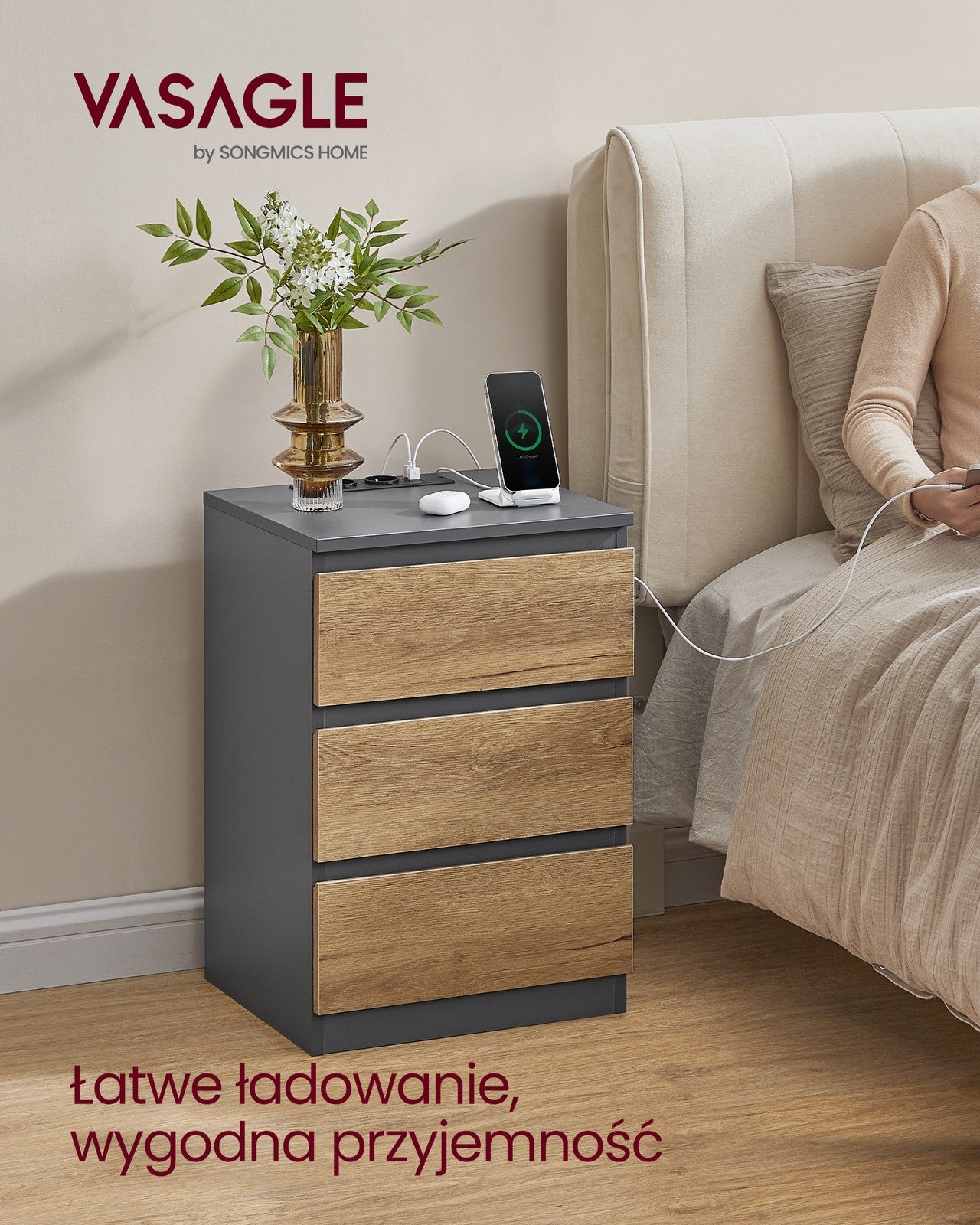 Zestaw 2 stolików nocnych z 3 szufladami szary - brąz