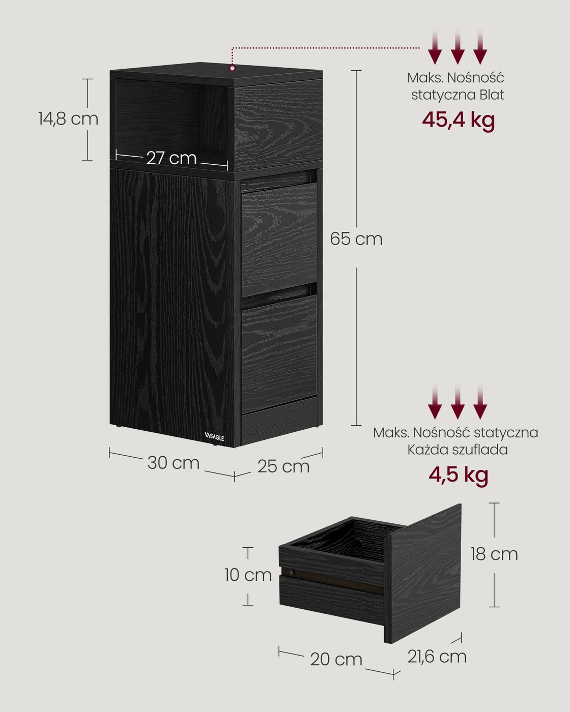 Wąski stolik nocny z 2 szufladami czarny