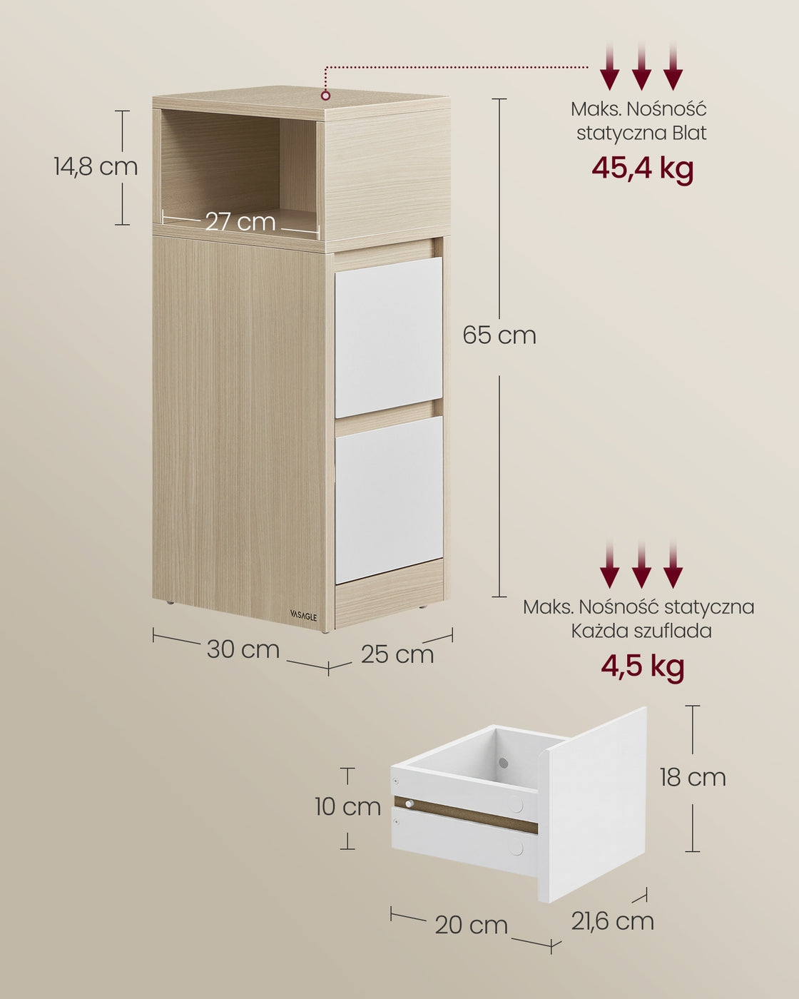 Wąski stolik nocny z 2 szufladami, jasne drewno