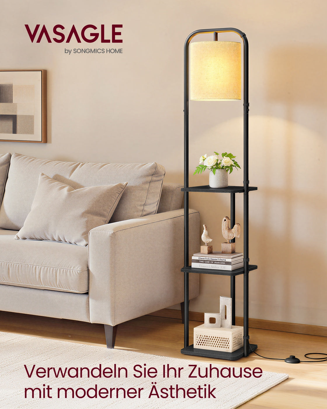 Lampa stojąca z 3 półkami czarna