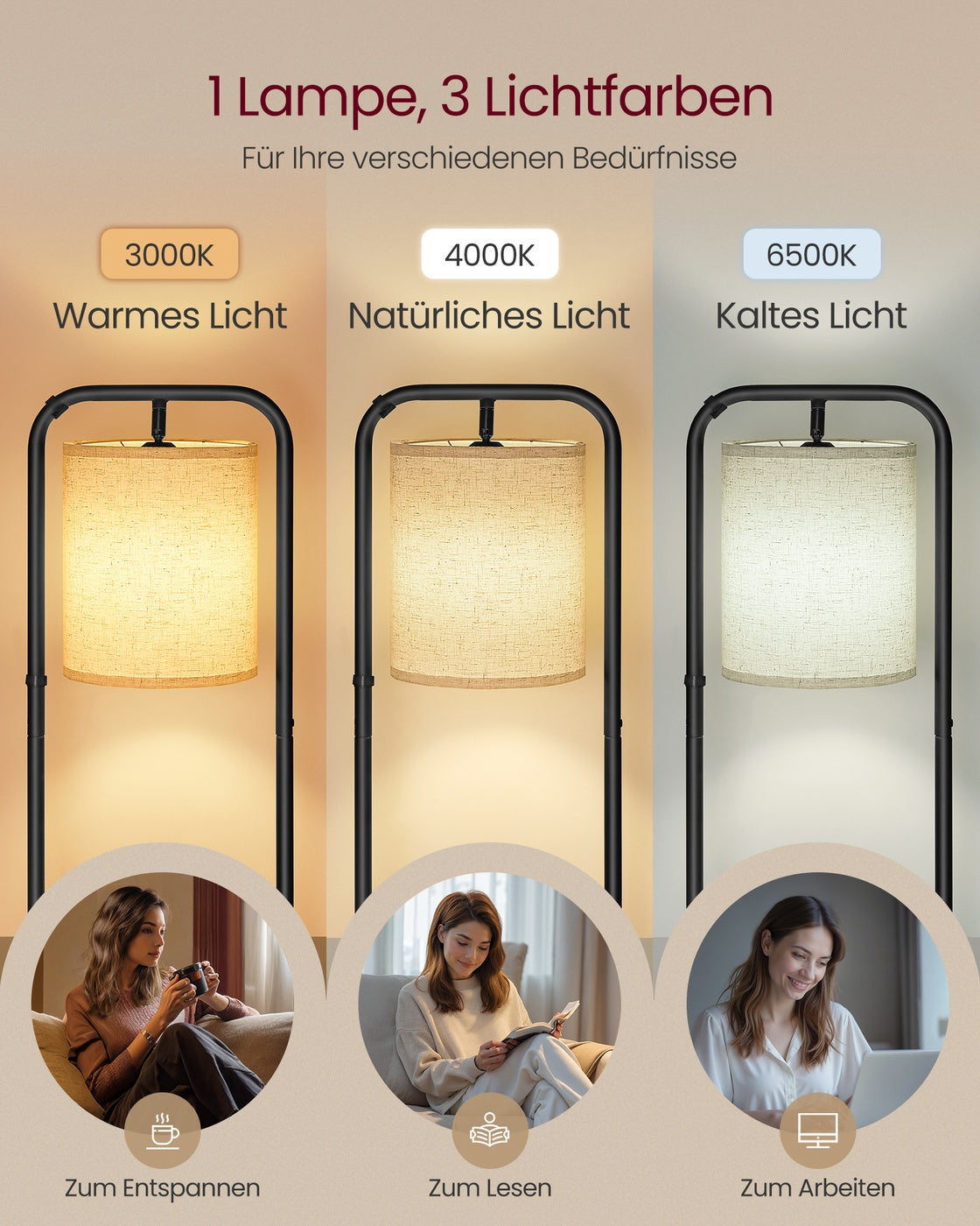 Lampa stojąca z 3 półkami czarna