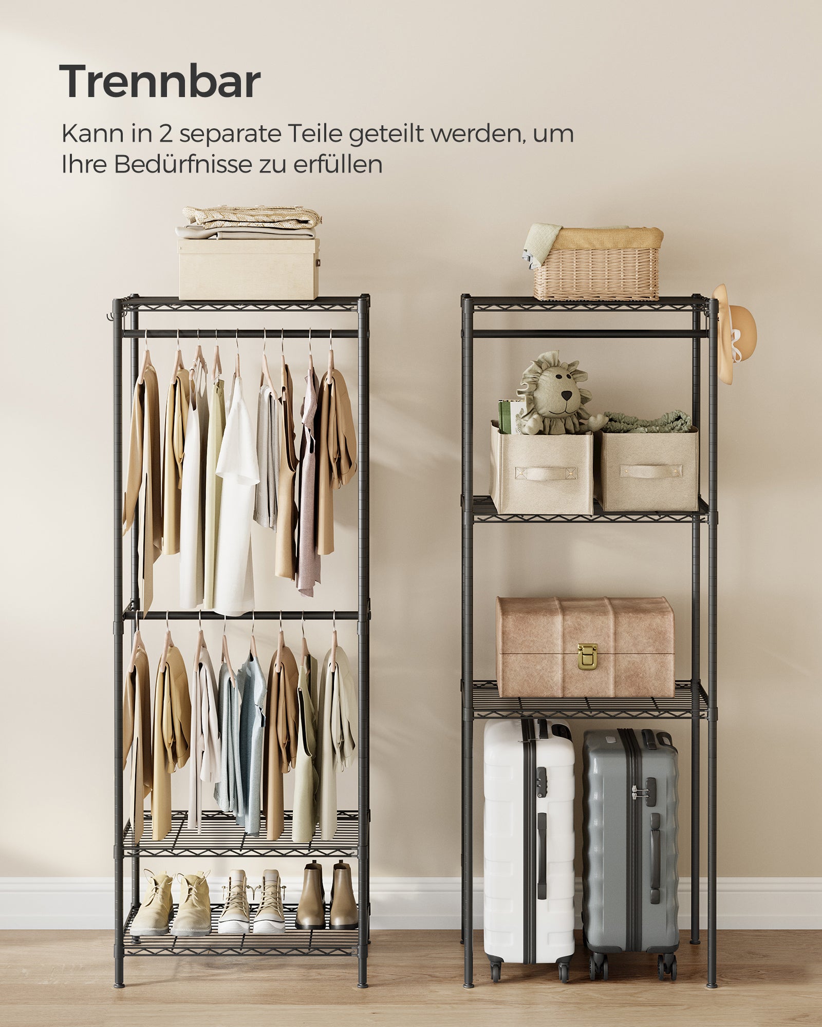 Otwarta szafa z metalowymi półkami i drążkami