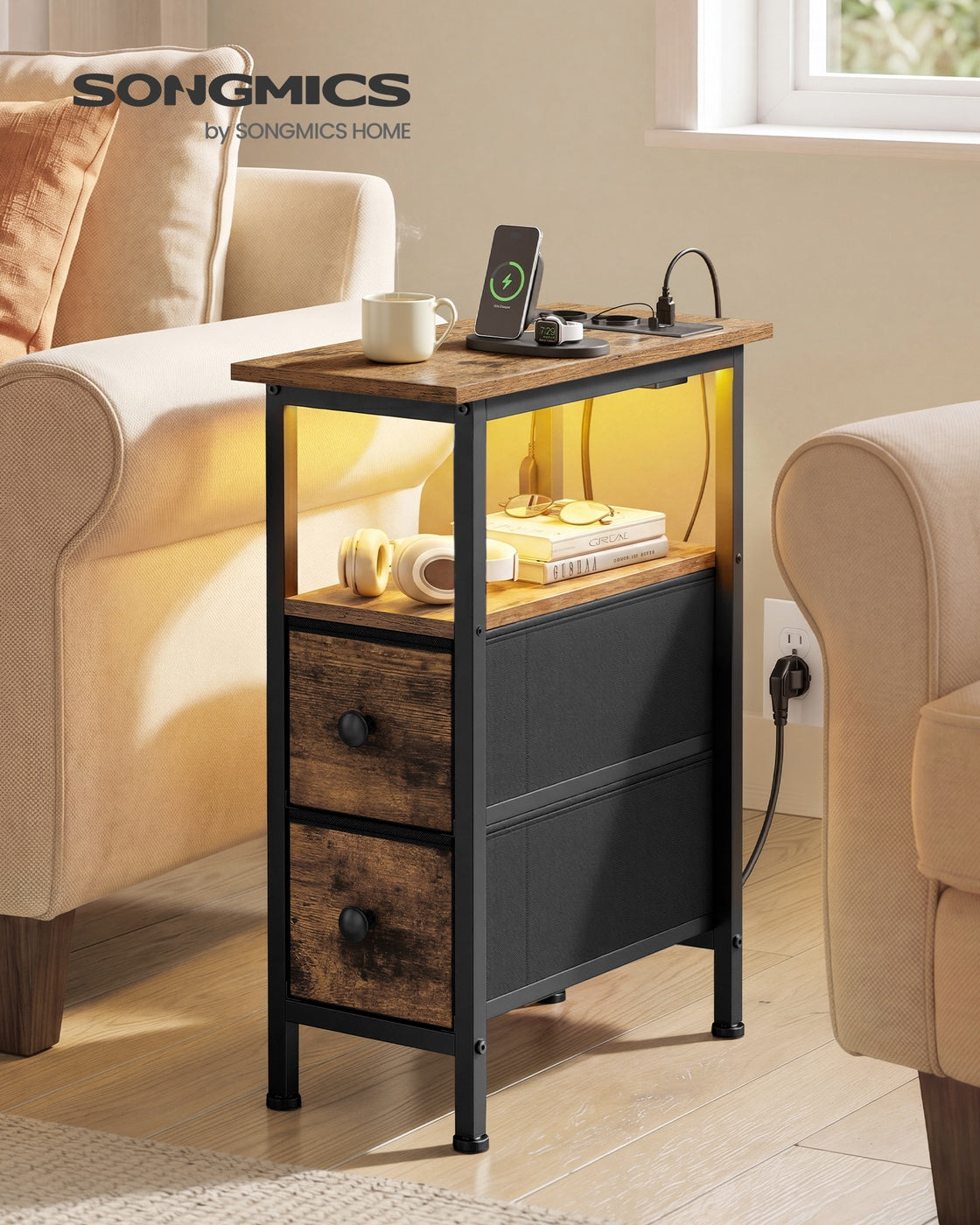 Stolik nocny z LED, gniazdkiem i portem USB