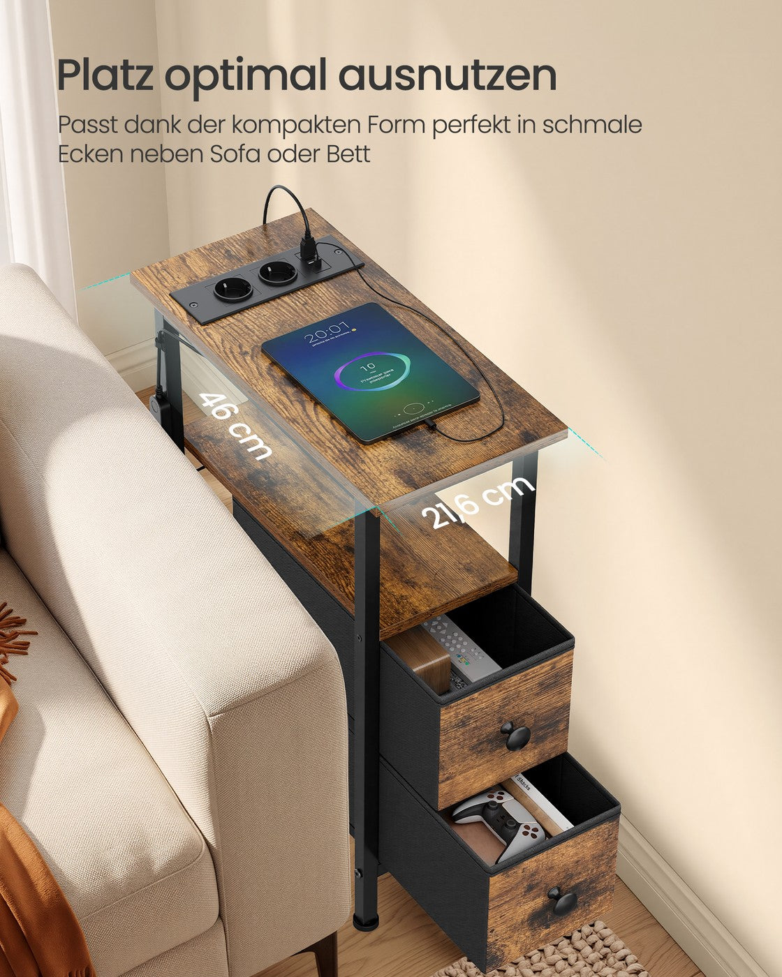 Stolik nocny z LED, gniazdkiem i portem USB