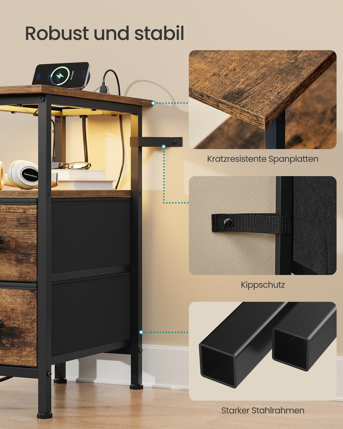 Stolik nocny z LED, gniazdkiem i portem USB