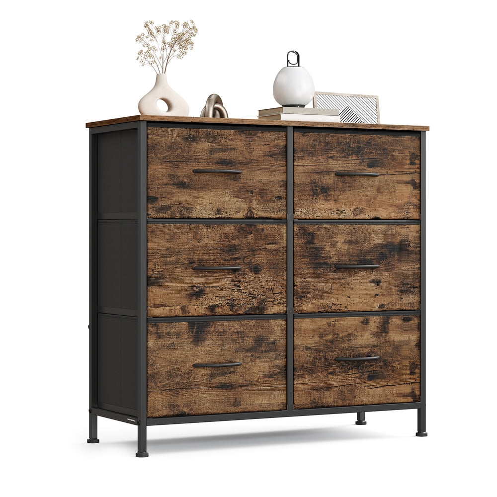 Komoda 6 szuflad vintage brąz z czarnymi detalami