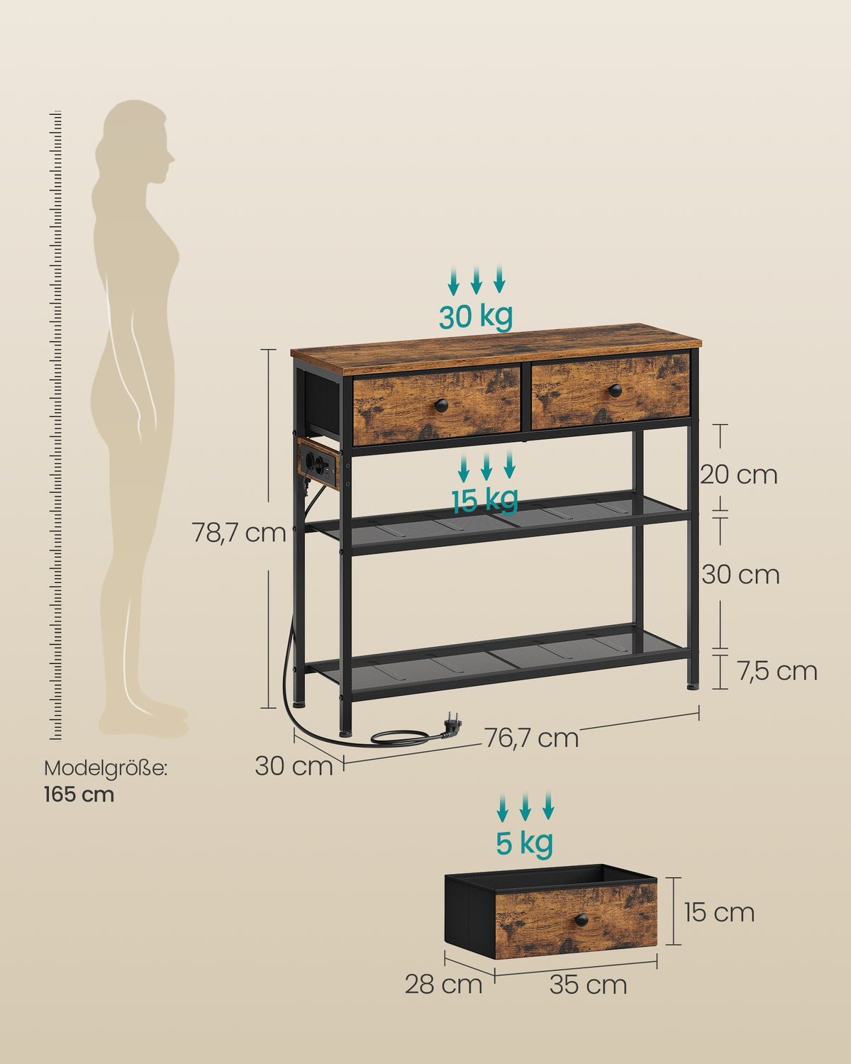 Stolik konsolowy z 3 szufladami i półkami 77×30×79 cm