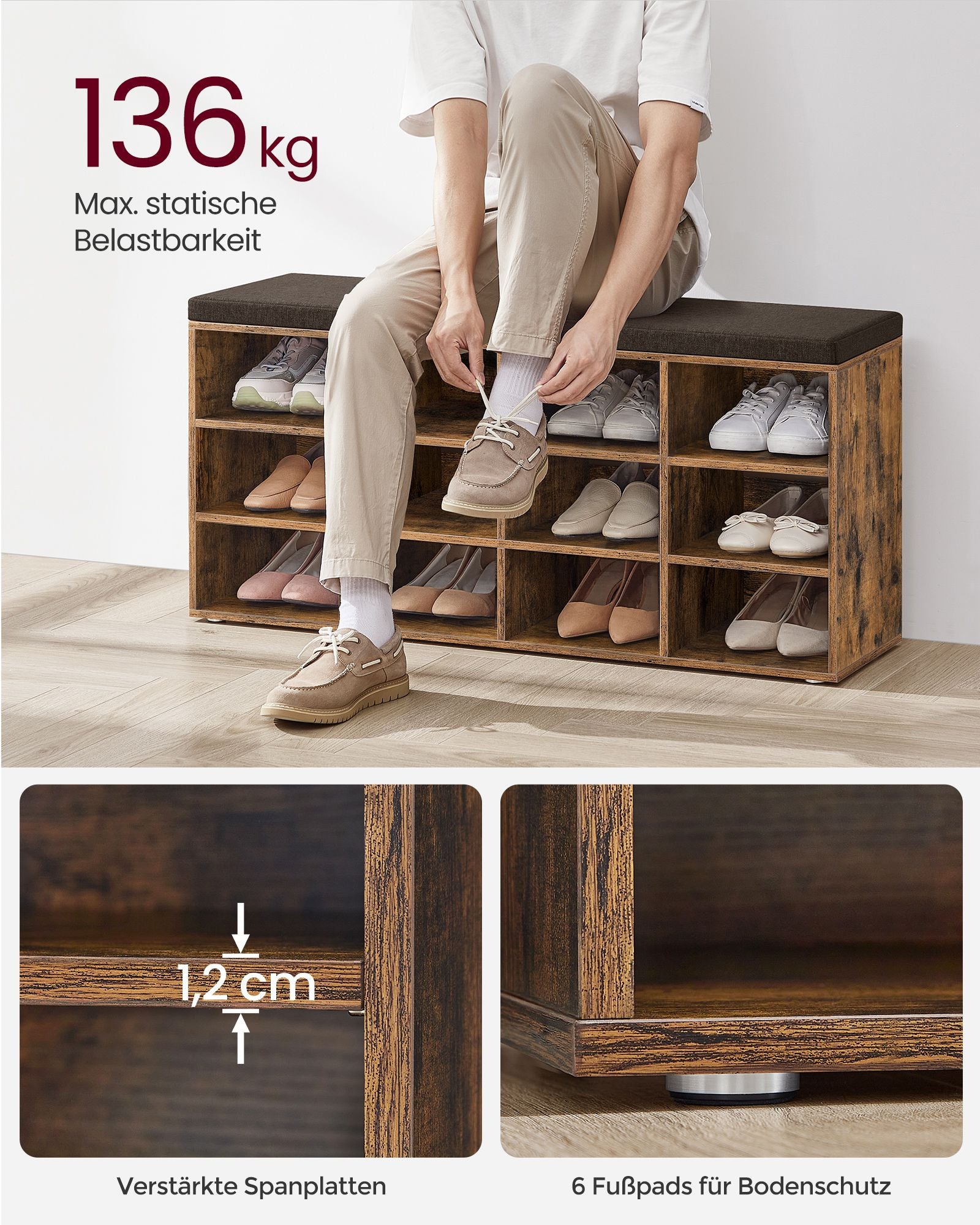 Ławka na buty, rustykalny brąz, 105 cm