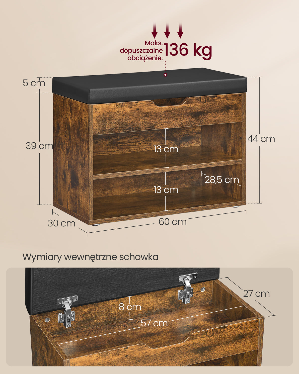 Ławka na buty z poduszką brąz vintage 30x60x44 cm