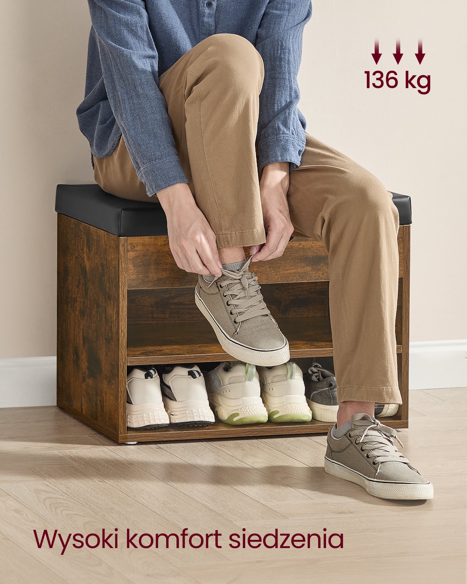 Ławka na buty z poduszką brąz vintage 30x60x44 cm