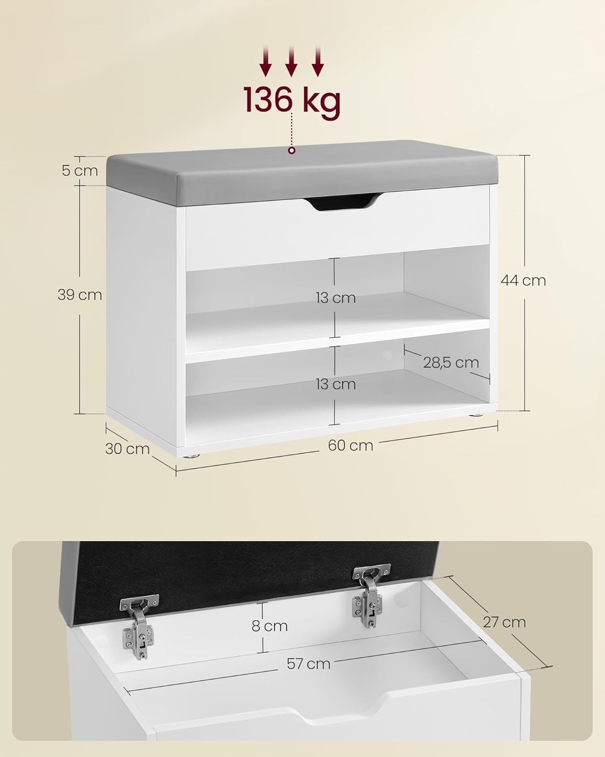 Ławka na buty, biały, 60 cm