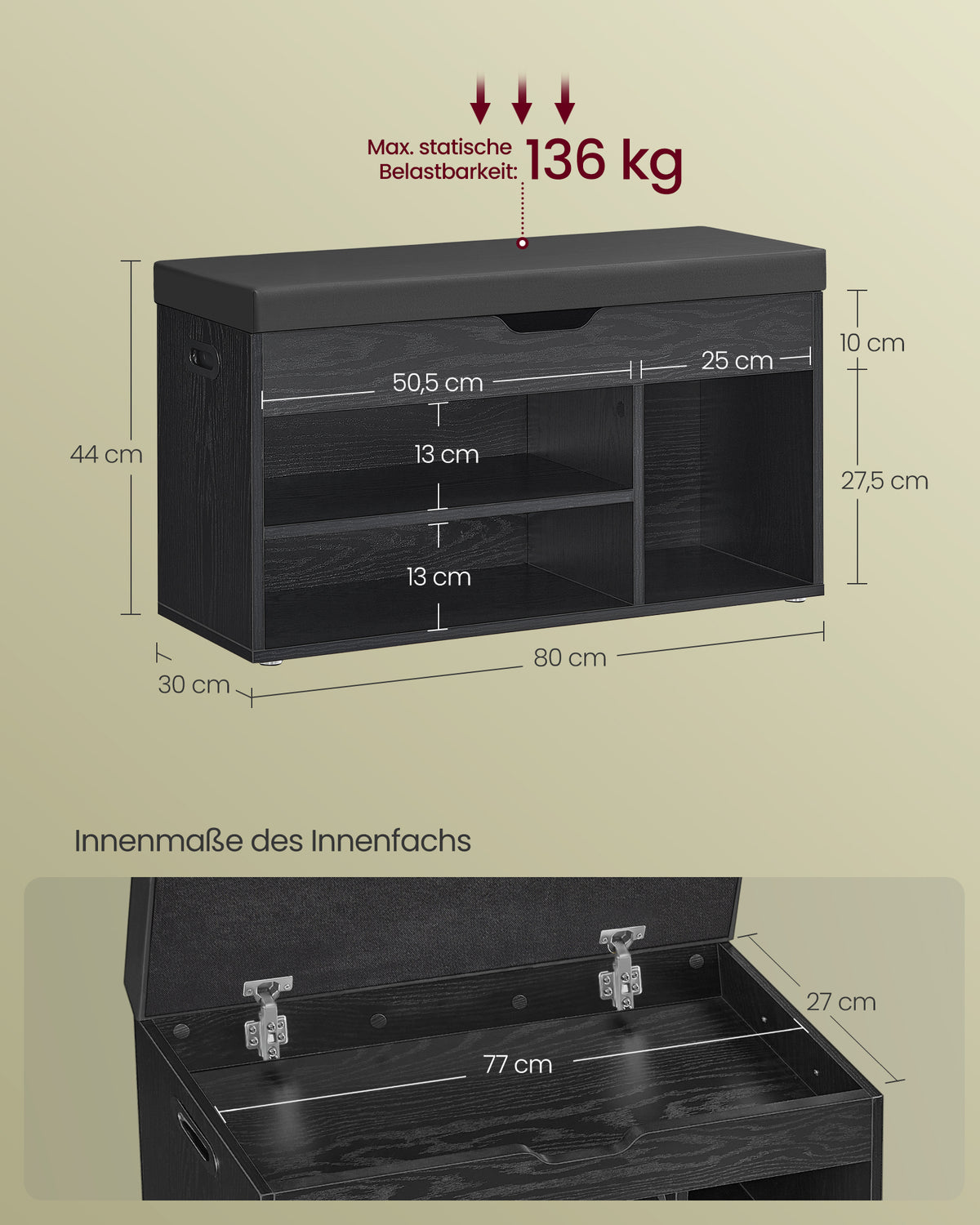 Ławka na buty z schowkiem 30x80x44 cm czarna
