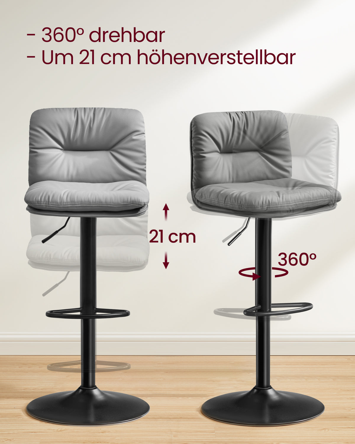Zestaw 2 szarych stołków barowych obrotowych 360°
