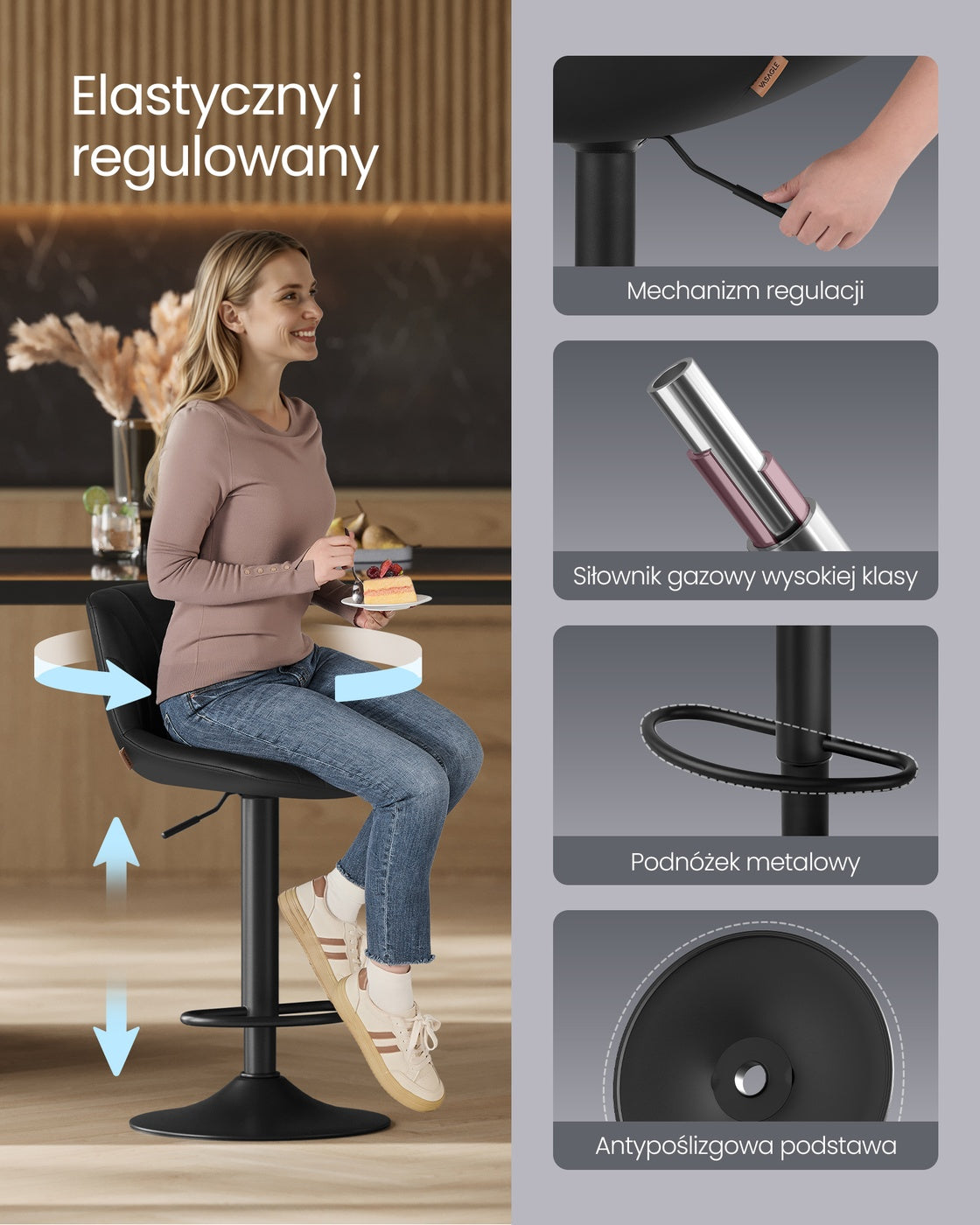Zestaw 2 hokerów barowych czarnych regulowanych
