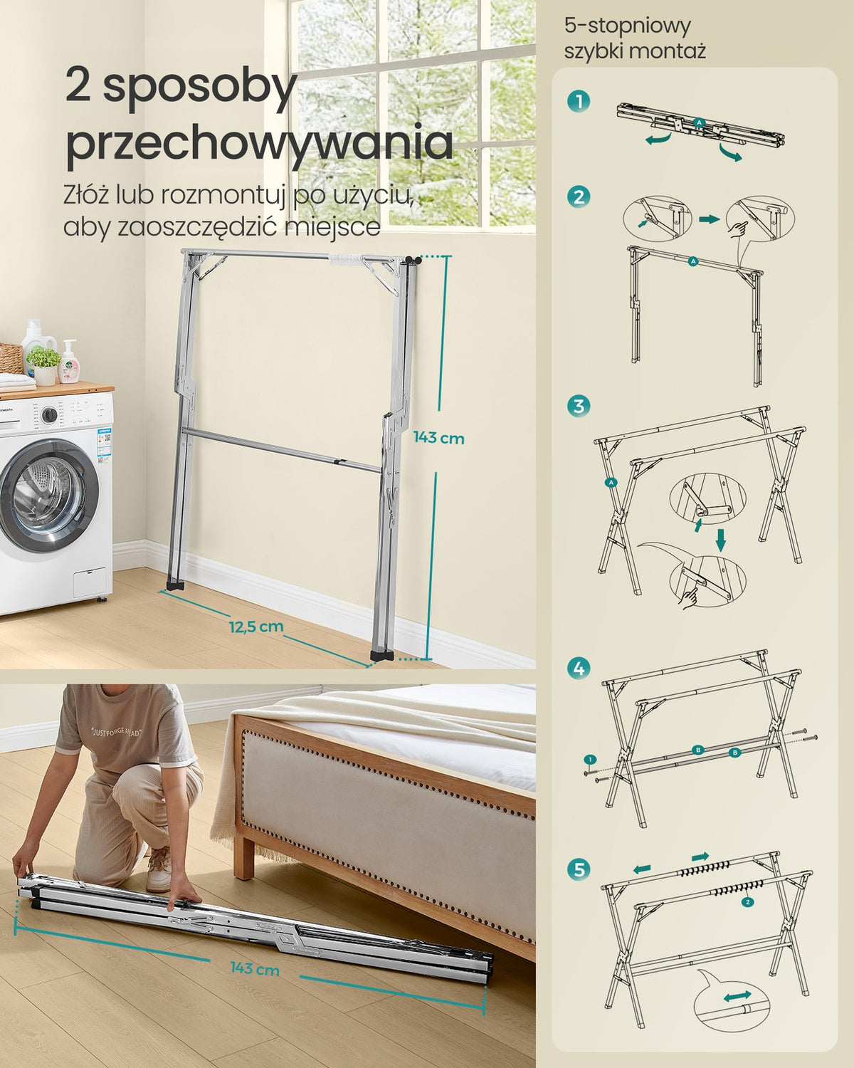 Suszarka stojąca regulowana 133-200 cm szara